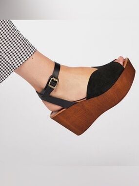 SEYCHELLES Black Suede LAUGH MORE Ankle Strap Peep Toe Wedge Sandals Sz 8.5